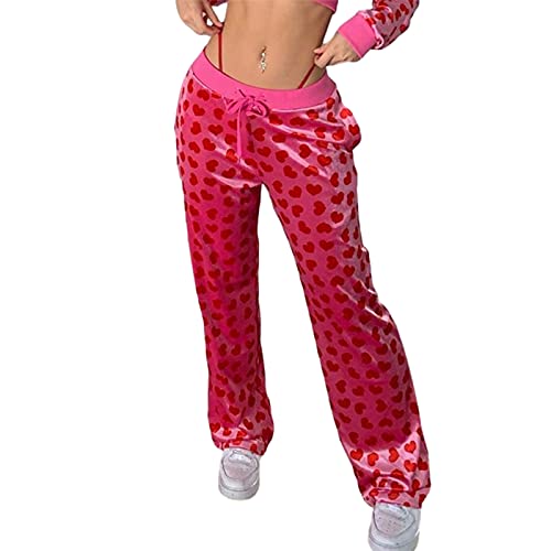 PDYLZWZY Damen 2-teiliges Samt-Trainingsanzug-Set Herz-Print-Langarm-Crop-Reißverschluss-Hoodie und Jogginghose Y2K Trainingsanzug-Set (rote Hosen, L) von PDYLZWZY