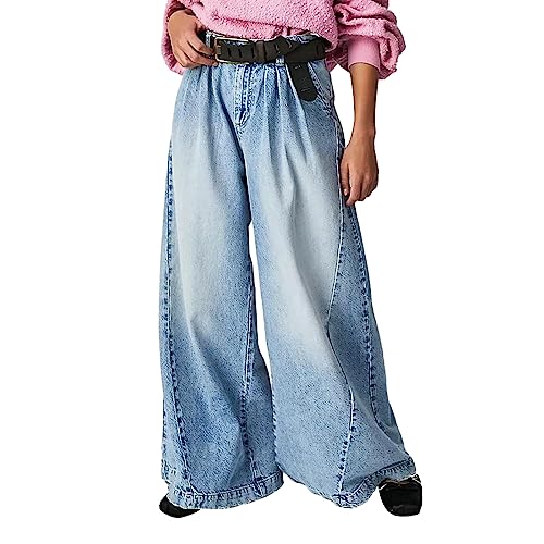 PDYLZWZY Damen Baggy-Jeans Mittelhohe Jeans Boyfriend Weite Denim-Hosen Lose Jeans Hose mit Taschen Y2K Streetwear (Light Blue, M) von PDYLZWZY