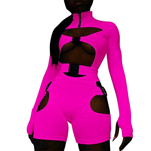 PDYLZWZY Damen Bodycon Jumpsuit mit Schnalle High Neck Strampler Langarm Aushöhlen Kurzer Strampler Clubwear Y2K Streetwear (Rose Rot, S) von PDYLZWZY