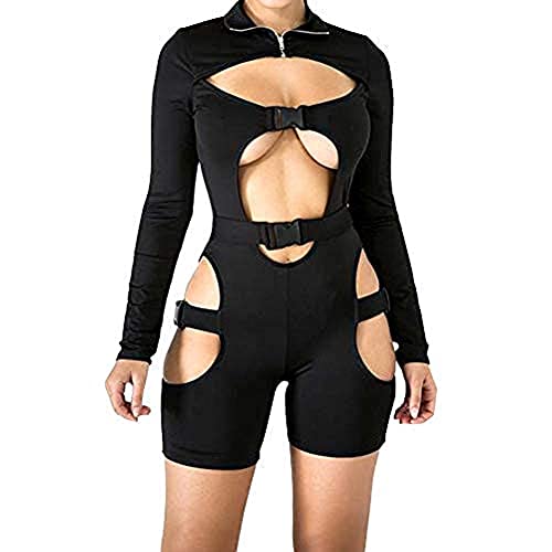 PDYLZWZY Damen Bodycon Jumpsuit mit Schnalle High Neck Strampler Langarm Aushöhlen Kurzer Strampler Clubwear Y2K Streetwear (Schwarz, M) von PDYLZWZY