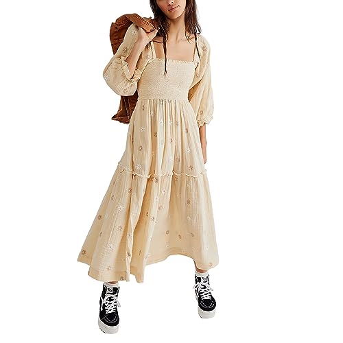 PDYLZWZY Damen Bohemian-Blumenkleid, quadratischer Ausschnitt, Rüschen, Swing-A-Linie, Maxikleid, langärmelig, lockeres Strand-Langkleid (Apricot, L) von PDYLZWZY