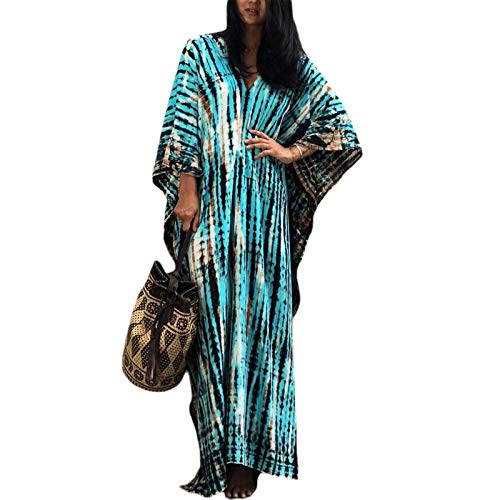 PDYLZWZY Damen Bohemian Kaftan Maxi Loungewear Nachthemd Kimono Oversized Sleepwear Strandkleid Cover ups (Blue#1, One Size) von PDYLZWZY