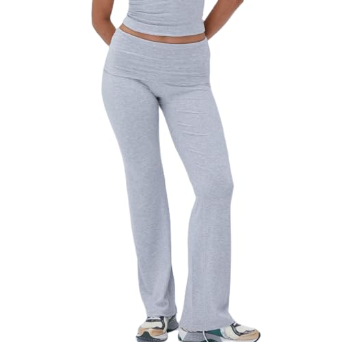 PDYLZWZY Damen Flare-Leggings, elastische, gefaltete Taille, Workout-Yoga-Hose, lässige Slim-Fit-Bell-Bottom-Bootcut-Jogginghose (Gray, M) von PDYLZWZY