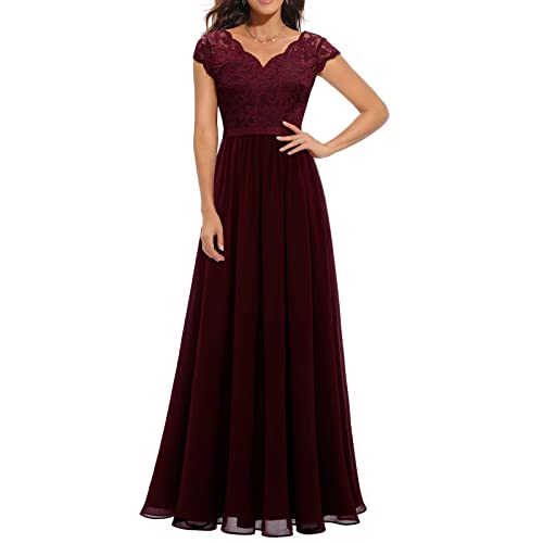 PDYLZWZY Damen Formal V Hals Floral Spitze Brautjungfer Maxi Kleid Tüll Ballkleid Vintage Mesh Cocktail Party Prom Kleid (Wine Red, Large) von PDYLZWZY