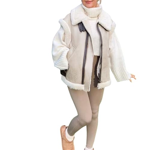 PDYLZWZY Damen Fuzzy Fleece Weste Patchwork Stehkragen Sherpa Weste Winter Casual Outdoor ärmellose Wildlederjacke Mantel (Light Brown, S) von PDYLZWZY