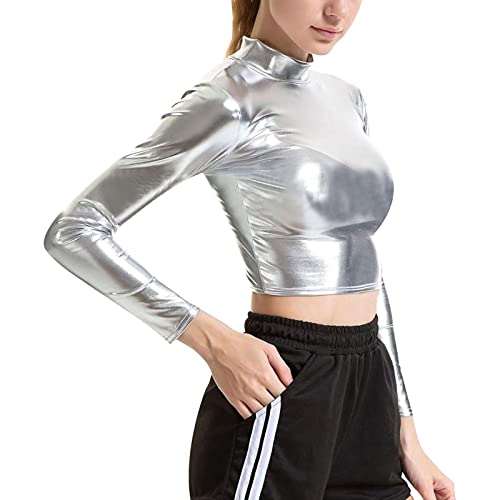 PDYLZWZY Damen Glänzend Metallisch Flüssig Crop Top Langarm Mock Neck Turtleneck Tank Top Clubwear (Silver, M) von PDYLZWZY