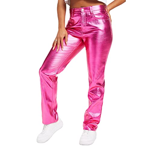 PDYLZWZY Damen Glänzend Metallisch Holographisch Gerades Bein Kunstleder Hose Gerade Weites Bein Hose Punk Hose mit Taschen (Rose Red, M) von PDYLZWZY