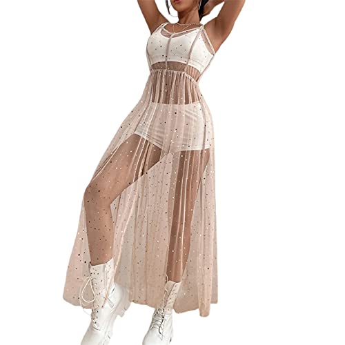 PDYLZWZY Damen Glitter Durchsichtiges Mesh Kleid Strand Bikini Cover Up für Swimwea Clubwear (Skin Pink, XL) von PDYLZWZY