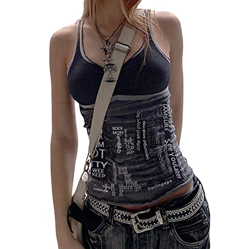 PDYLZWZY Damen Gothic Crop Top Schwarzer Spaghetti-Träger Druck Rückenfrei Mall Goth Punk Cami Vest Club Party Streetwear (Black#5 , S ) von PDYLZWZY