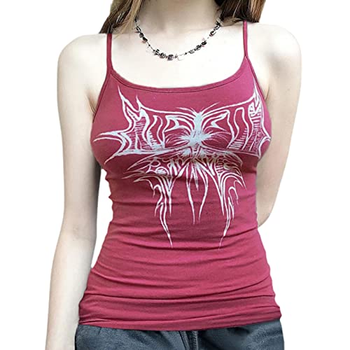 PDYLZWZY Damen Gothic Crop Top Schwarzer Spaghetti-Träger Druck Rückenfrei Mall Goth Punk Cami Vest Club Party Streetwear (Pink#1 , L ) von PDYLZWZY