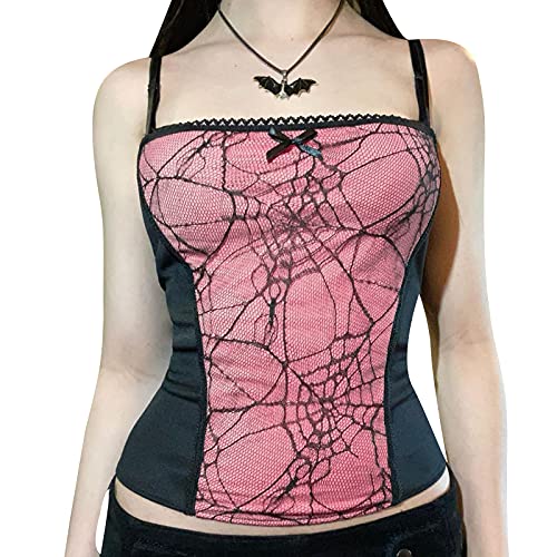 PDYLZWZY Damen Gothic Crop Top Schwarzer Spaghetti-Träger Druck Rückenfrei Mall Goth Punk Cami Vest Club Party Streetwear (Pink#3 , L ) von PDYLZWZY