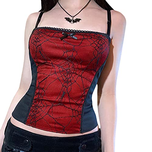 PDYLZWZY Damen Gothic Crop Top Schwarzer Spaghetti-Träger Druck Rückenfrei Mall Goth Punk Cami Vest Club Party Streetwear (Red#3 , S ) von PDYLZWZY