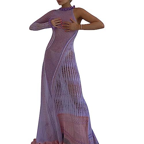 PDYLZWZY Damen Häkelstrick Langes Kleid Kontrastfarbe Durchsichtig Langes Kleid Eine Schulter Langarm Häkel Maxi Strandkleid Cover Up Lange Outfits (Purple, One Size) von PDYLZWZY
