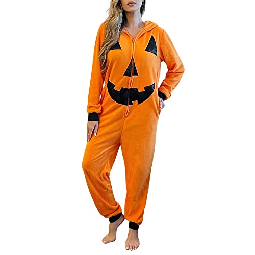 PDYLZWZY Damen Halloween EIN Stück Kostüm, Orange Kürbis Gesicht Print Zip-up Jumpsuit Lange Ärmel mit Kapuze Overall für Kostümspiel/Maskerade (Orange, XX-Large) von PDYLZWZY