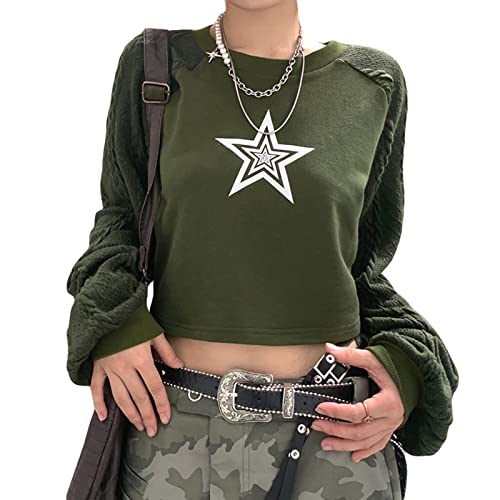 PDYLZWZY Damen Harajuku lose Sweatshirt Vintage Graphic Star Print Übergroßes Hemd Bluse Pullover Y2K Grunge Punk Casual Top Streetwear (Green, Medium) von PDYLZWZY