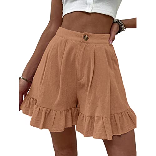 PDYLZWZY Damen Hoch taillierte Schlaghosen Sommer Casual Ruffle Saum Leinen Shorts Wied Leg Strandhosen mit Taschen (Khaki, Small) von PDYLZWZY