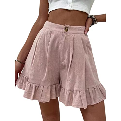 PDYLZWZY Damen Hoch taillierte Schlaghosen Sommer Casual Ruffle Saum Leinen Shorts Wied Leg Strandhosen mit Taschen (Pink, Small) von PDYLZWZY