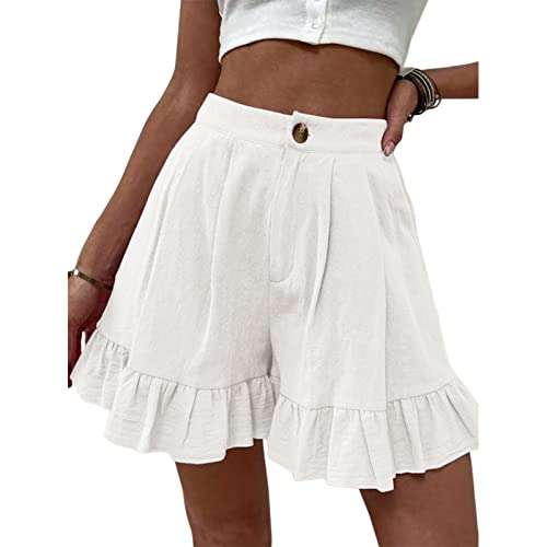 PDYLZWZY Damen Hoch taillierte Schlaghosen Sommer Casual Ruffle Saum Leinen Shorts Wied Leg Strandhosen mit Taschen (White, Medium) von PDYLZWZY