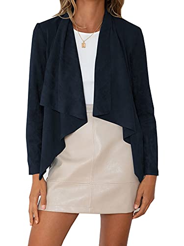 PDYLZWZY Damen Jacken Wasserfall Open Front Faux Wildleder Jacke Mäntel Drapierter Blazer Bombermantel Outwear (Blau, S) von PDYLZWZY