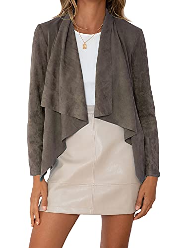 PDYLZWZY Damen Jacken Wasserfall Open Front Faux Wildleder Jacke Mäntel Drapierter Blazer Bombermantel Outwear (Khaki, 3XL) von PDYLZWZY