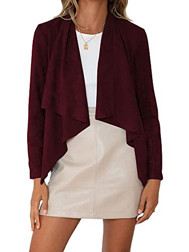 PDYLZWZY Damen Jacken Wasserfall Open Front Faux Wildleder Jacke Mäntel Drapierter Blazer Bombermantel Outwear (Rotwein, L) von PDYLZWZY