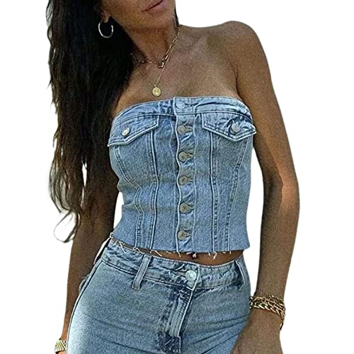 PDYLZWZY Damen Knopf unten Denim-Bustier Crop-Top Trägerloses Jeans Korsett Top Rückenfreies Push Up Korsett Tanktops Vintage Harajuku Streetwear (B, L) von PDYLZWZY