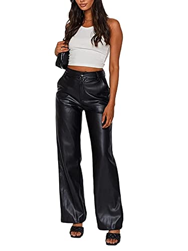 PDYLZWZY Damen Kunstlederhose Hohe Taille Gerade Weites Bein Punk Einfarbige Pu-Hose mit Taschen Y2K Streetwear (C, XL) von PDYLZWZY