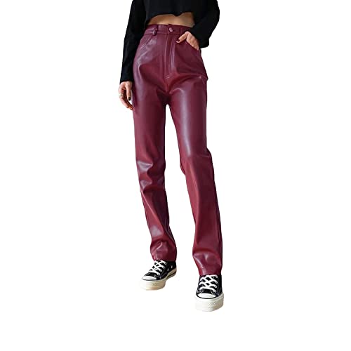 PDYLZWZY Damen Kunstlederhose Hohe Taille Gerade Weites Bein Punk Einfarbige Pu-Hose mit Taschen Y2K Streetwear (z1, M) von PDYLZWZY