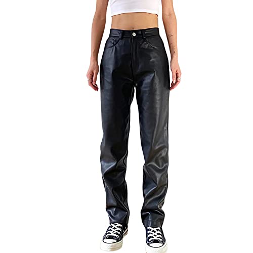 PDYLZWZY Damen Kunstlederhose Hohe Taille Gerade Weites Bein Punk Einfarbige Pu-Hose mit Taschen Y2K Streetwear (z4, M) von PDYLZWZY