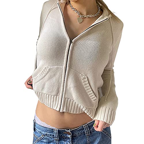 PDYLZWZY Damen Langarm Reißverschluss Hoodie Pullover Langarm Slim Fit Rippstrick Pullover Kordelzug Cropped Tops Y2k Strickjacke (B, M) von PDYLZWZY