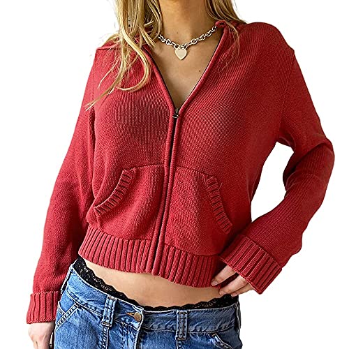 PDYLZWZY Damen Langarm Reißverschluss Hoodie Pullover Langarm Slim Fit Rippstrick Pullover Kordelzug Cropped Tops Y2k Strickjacke (C, M) von PDYLZWZY