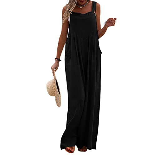 PDYLZWZY Damen Latzhose Lässig Locker Lang Weites Bein Latzhose Baggy Baumwolle Leinen Rompers Hosenträger Lätzchen Overalls Jumpsuits mit Taschen (Black, XX-Large) von PDYLZWZY