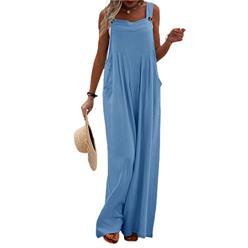 PDYLZWZY Damen Latzhose Lässig Locker Lang Weites Bein Latzhose Baggy Baumwolle Leinen Rompers Hosenträger Lätzchen Overalls Jumpsuits mit Taschen (Blue, X-Large) von PDYLZWZY