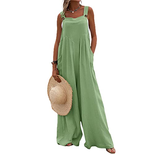 PDYLZWZY Damen Latzhose Lässig Locker Lang Weites Bein Latzhose Baggy Baumwolle Leinen Rompers Hosenträger Lätzchen Overalls Jumpsuits mit Taschen (Green, Medium) von PDYLZWZY