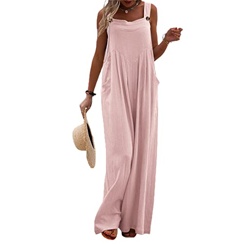 PDYLZWZY Damen Latzhose Lässig Locker Lang Weites Bein Latzhose Baggy Baumwolle Leinen Rompers Hosenträger Lätzchen Overalls Jumpsuits mit Taschen (Pink, Medium) von PDYLZWZY
