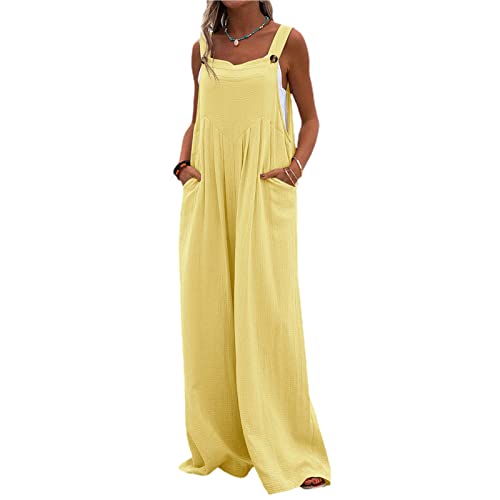 PDYLZWZY Damen Latzhose Lässig Locker Lang Weites Bein Latzhose Baggy Baumwolle Leinen Rompers Hosenträger Lätzchen Overalls Jumpsuits mit Taschen (Yellow, X-Large) von PDYLZWZY