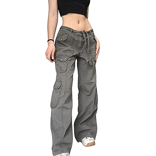 PDYLZWZY Damen Mädchen hohe Taille Cargo Hose gerade weites Bein Baggy Jeans Y2K Gothic Denim Hose Streetwear mit Taschen (Gray, S) von PDYLZWZY