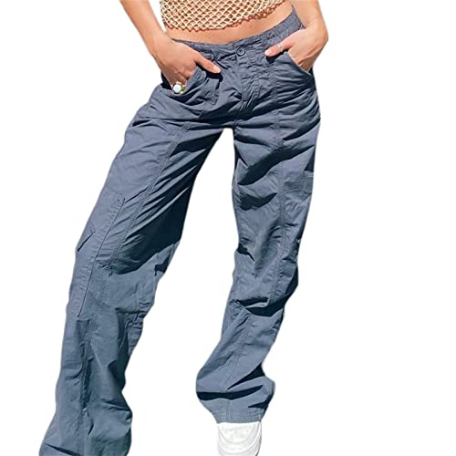 PDYLZWZY Damen Mädchen hohe Taille Cargo Hose gerade weites Bein Baggy Jeans Y2K Gothic Denim Hose Streetwear mit Taschen von PDYLZWZY