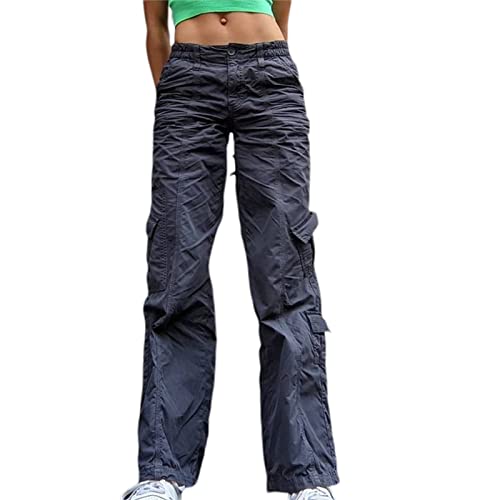 PDYLZWZY Damen Mädchen hohe Taille Cargo Hose gerade weites Bein Baggy Jeans Y2K Gothic Denim Hose Streetwear mit Taschen von PDYLZWZY