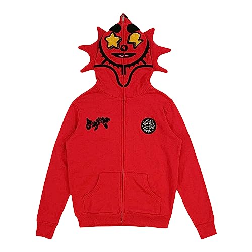 PDYLZWZY Damen Männer Y2k Full Zip Up Sweatshirt Jacke Neuartige Gothic Totenkopf Grafik Bedruckt Langarm Kapuzenpullover mit Taschen Übergröße Herbst Streetwear (Red, M) von PDYLZWZY
