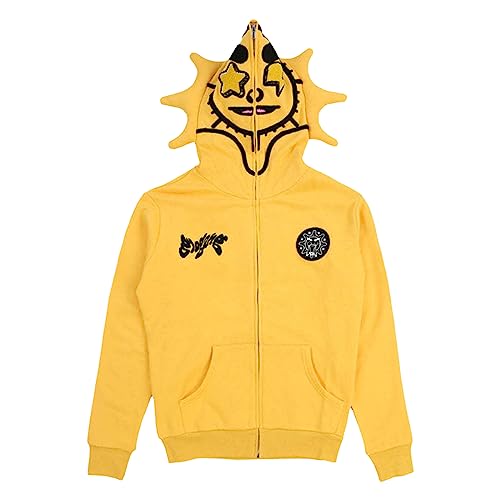 PDYLZWZY Damen Männer Y2k Full Zip Up Sweatshirt Jacke Neuartige Gothic Totenkopf Grafik Bedruckt Langarm Kapuzenpullover mit Taschen Übergröße Herbst Streetwear (Yellow, S) von PDYLZWZY