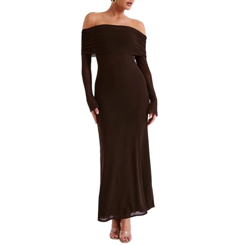 PDYLZWZY Damen-Maxi-Kleid, schulterfrei, figurbetont, langärmelig, gerüscht, tailliert, Club-Kleider, durchsichtiges Netz, schmales langes Kleid (Coffee, M) von PDYLZWZY