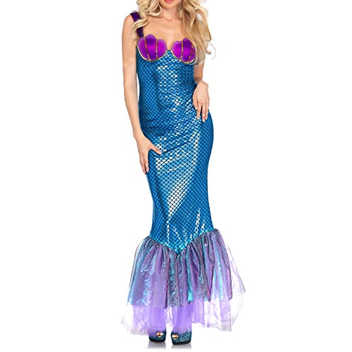 PDYLZWZY Damen Meerjungfrau Kostüm Halloween Meerjungfrau Schwanz Kleid Halfter Pailletten Fischschwanz verkleiden Sich mit Netznähten Kostüme für Erwachsene (Blue Purple, Small) von PDYLZWZY