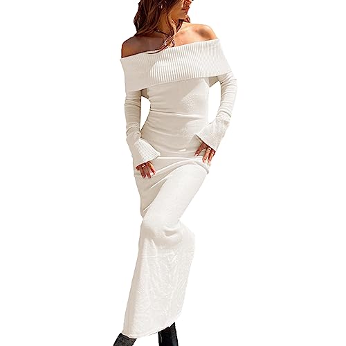 PDYLZWZY Damen Off Shoulder Pullover Kleid Langarm Bodycon Split Langes Kleid Herbst Rippenstrick Bleistift Maxikleider (White, S) von PDYLZWZY