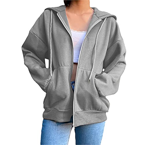 PDYLZWZY Damen Oversized Full Zip Kordelzug Hoodies Sweatshirts Langarm Y2K E-Girl Pullover Jacken mit Taschen (z7, S) von PDYLZWZY