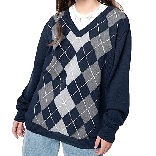 PDYLZWZY Damen Oversized Strickpullover Argyle Preppy Sweater Tops Y2K Pullover Pullover für Teen Girls Streetwear (C, S) von PDYLZWZY