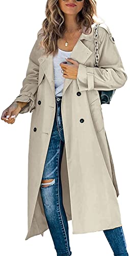 PDYLZWZY Damen Oversized Trenchcoat Lang Leicht Parka Jacke mit Gürtel Gehschlitz Zweireihiger Mantel Damen Mode Frühjahr Herbst Übergangsjacke (Khaki, Small) von PDYLZWZY