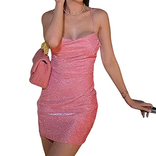 PDYLZWZY Damen Pailletten Bodycon Mini Kleid Spaghetti Riemen gegen Hals Rückenless kurzes Kleid sexy Glitzer Spitze Back Party Club Kleid (Pink, Small) von PDYLZWZY