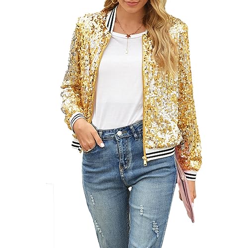 PDYLZWZY Damen Pailletten Langarm Front Zip Jacke mit gerippten Manschetten Sparkly Zip Up Pailletten Bomberjacke Mantel (Gold, L) von PDYLZWZY