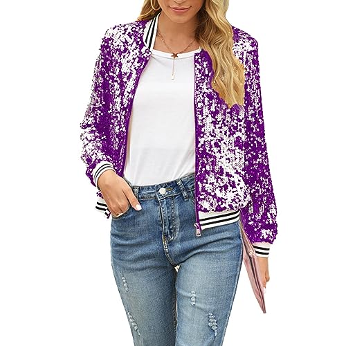 PDYLZWZY Damen Pailletten Langarm Front Zip Jacke mit gerippten Manschetten Sparkly Zip Up Pailletten Bomberjacke Mantel (Purple, XXL) von PDYLZWZY